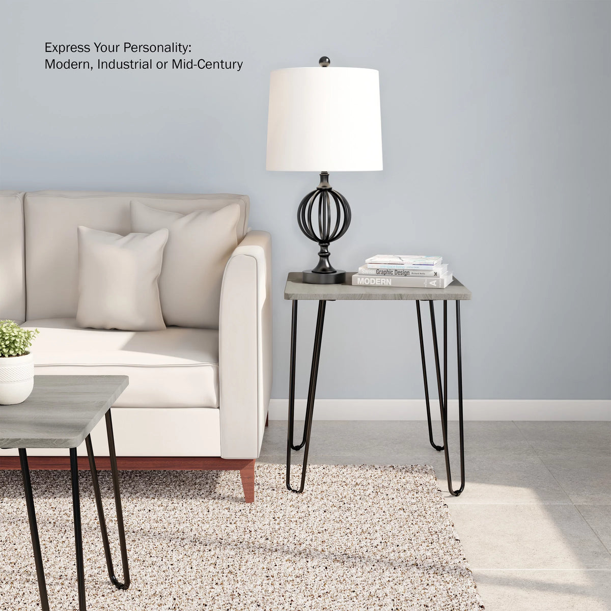 Modern End Table with Hairpin Legs and Woodgrain Finish Gray U218
