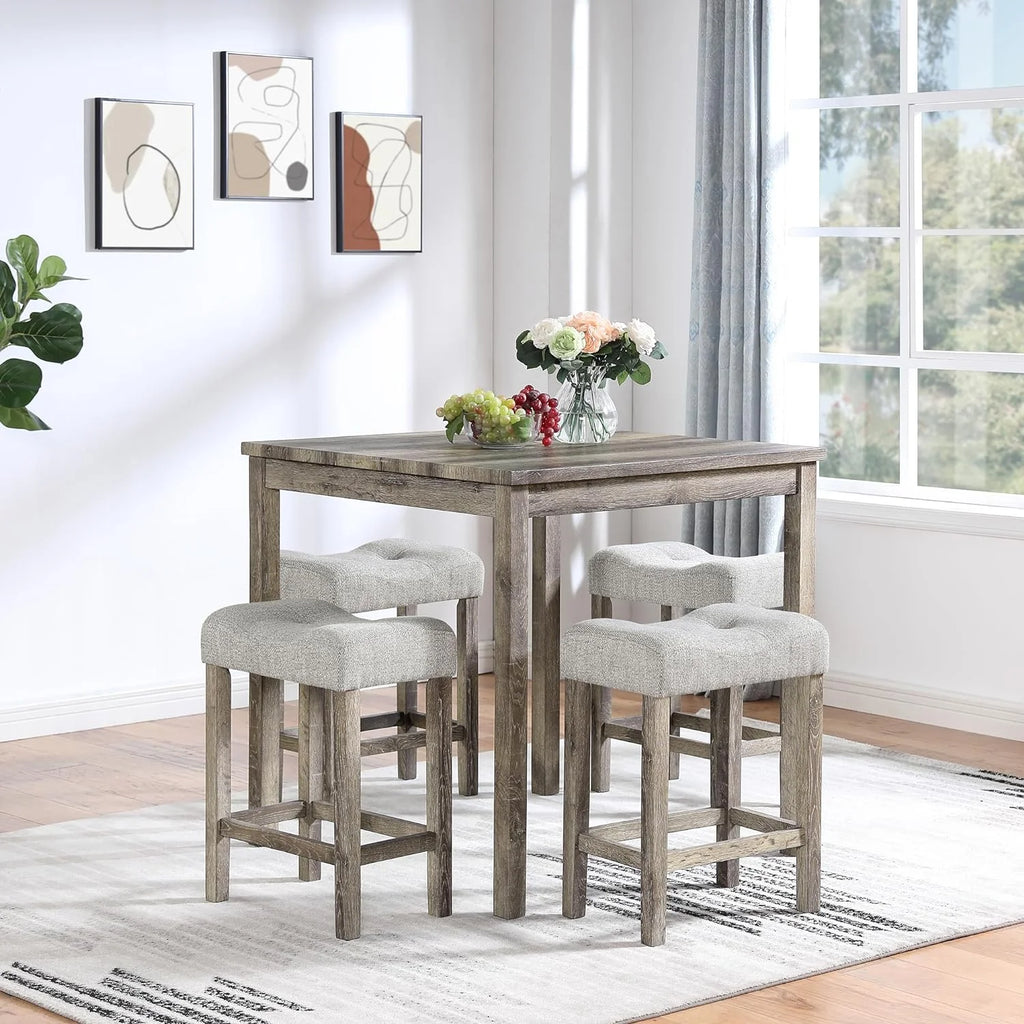 5 Piece Solid Wood Dining Table Set with 4 Upholstered Stools D99395