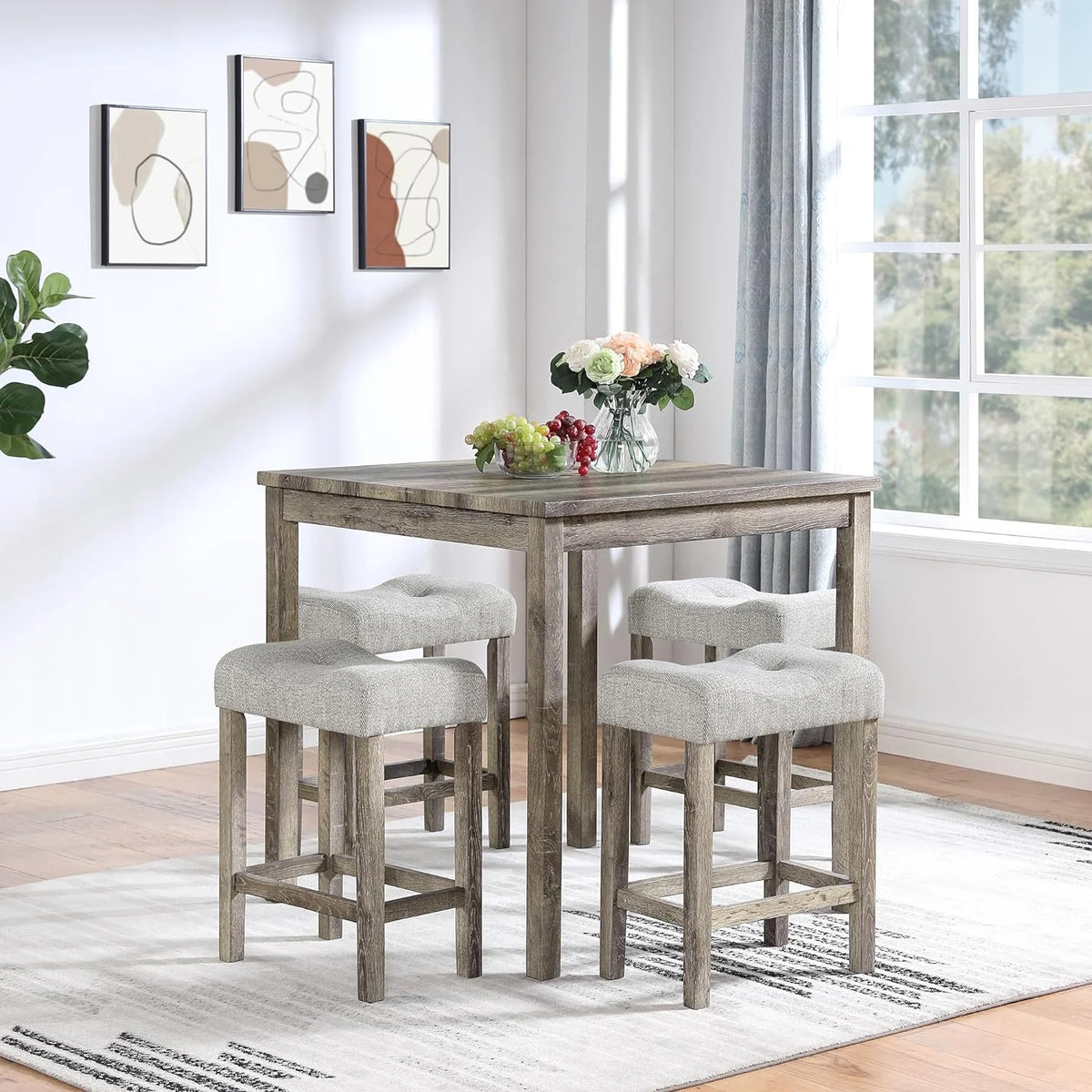 5 Piece Solid Wood Dining Table Set with 4 Upholstered Stools D99395