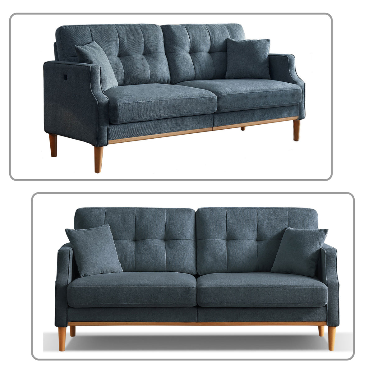 Dark Blue Polyester Three Seat Sofa with Two Pillows I60650