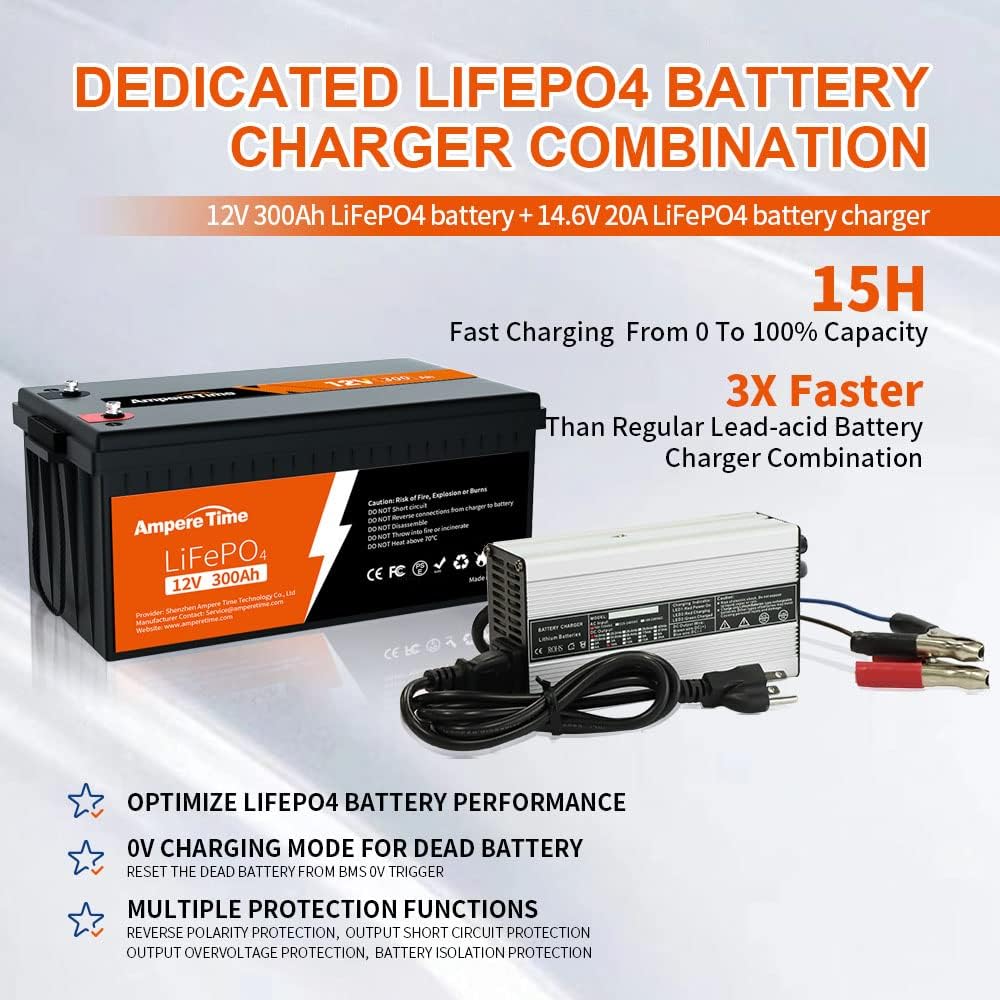 12V 300Ah LiFePO4 Battery with 14.6V 20A Lithium Battery Charger Q60599