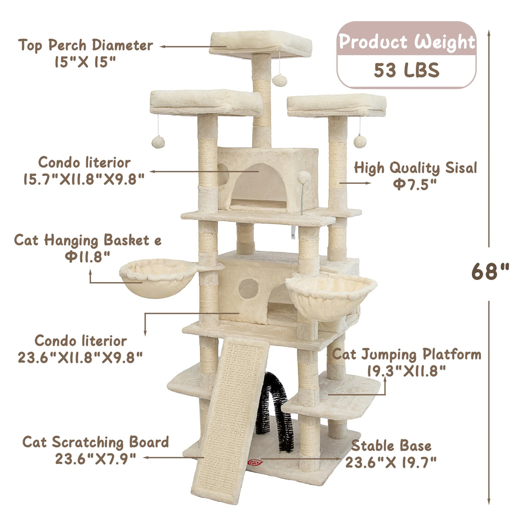 Beige Large Cat Tree with 2 Cat Condo & Scratching Posts S97274