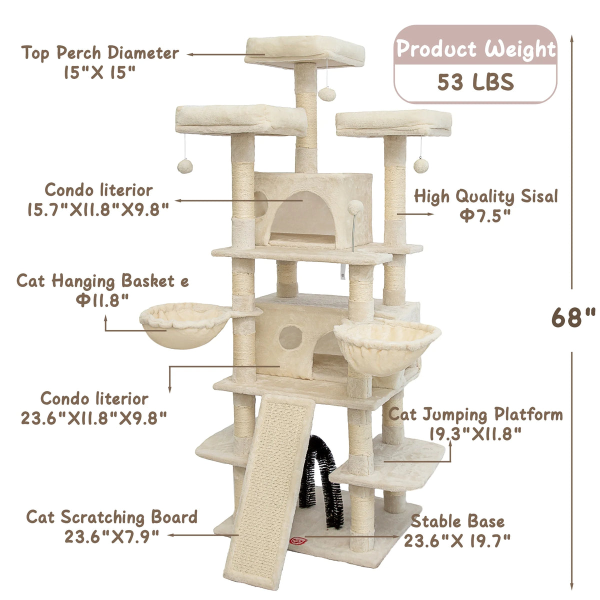 Beige Large Cat Tree with 2 Cat Condo & Scratching Posts S97274