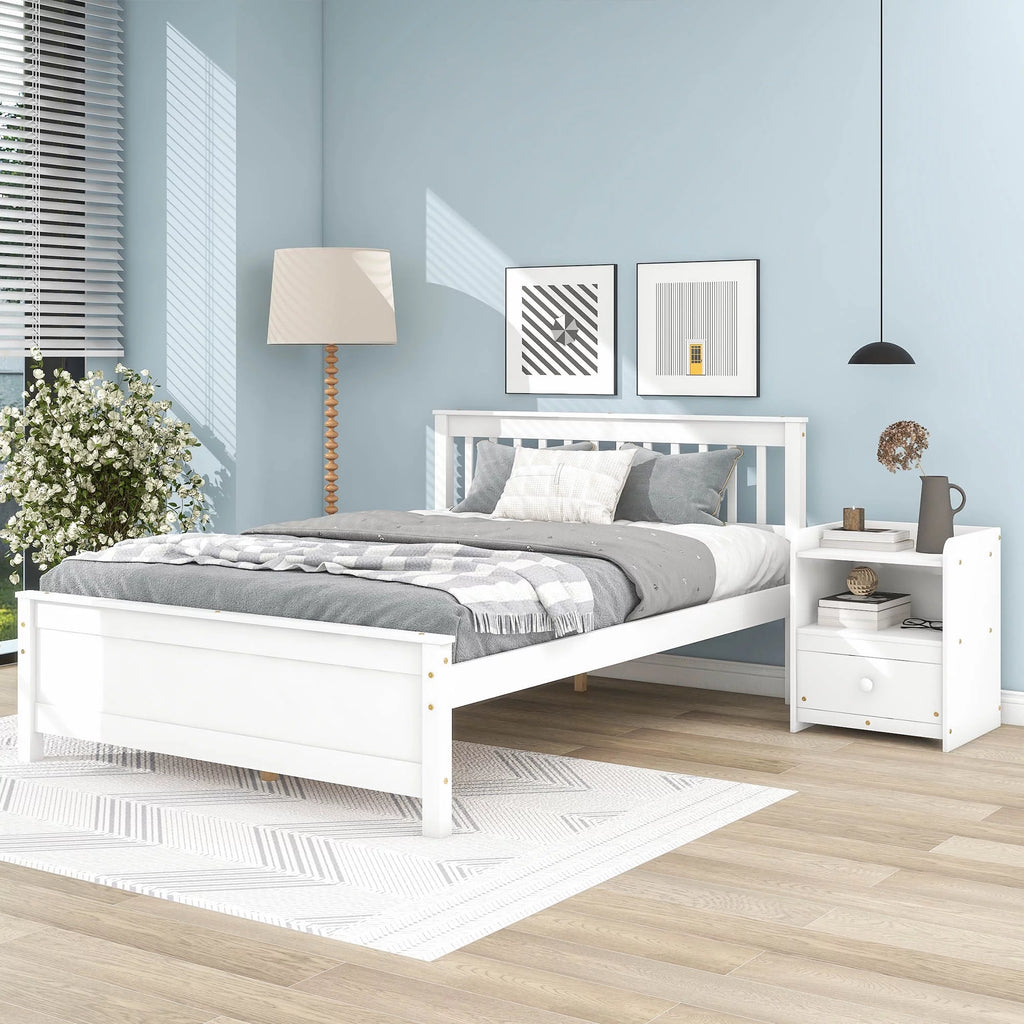 Twin Full Size Pine Wood Platform Bed with Headboard Nightstand and Footboard I7367
