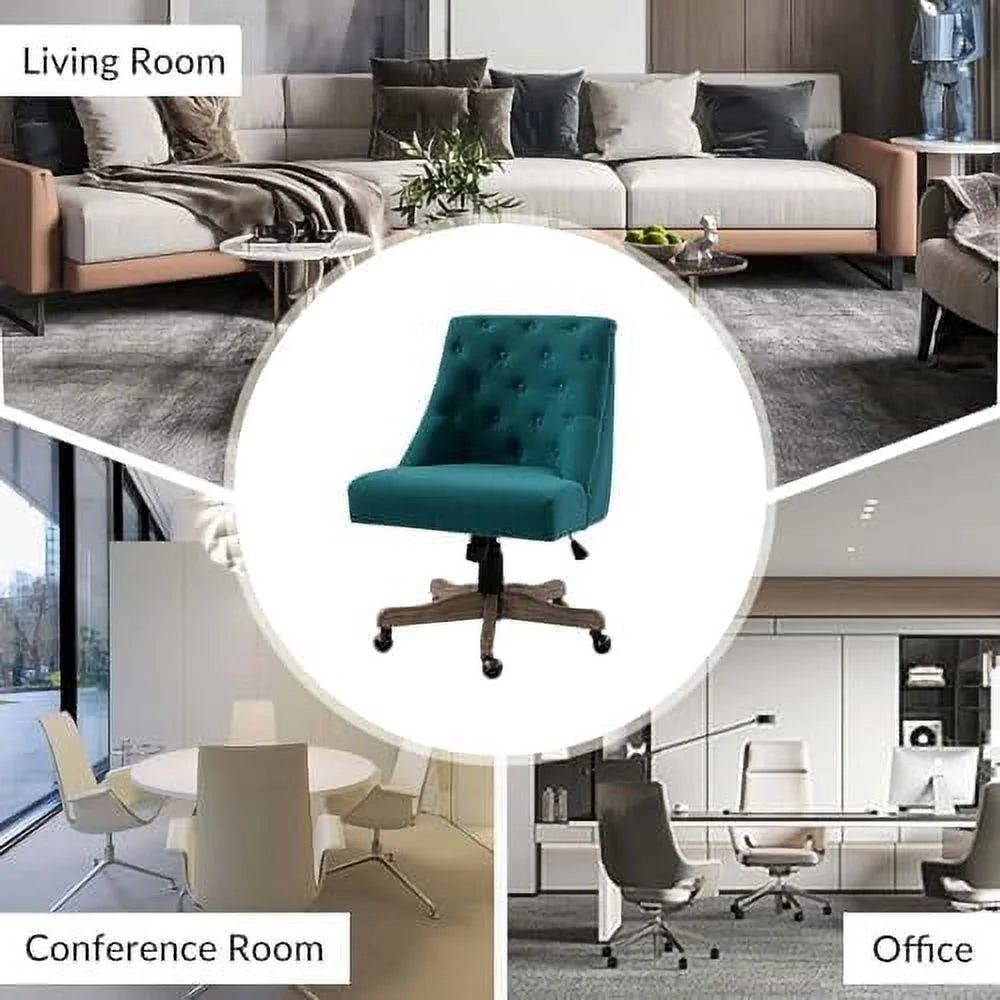 Blue Tufted Upholstered Desk Chair with Wood Base I9855