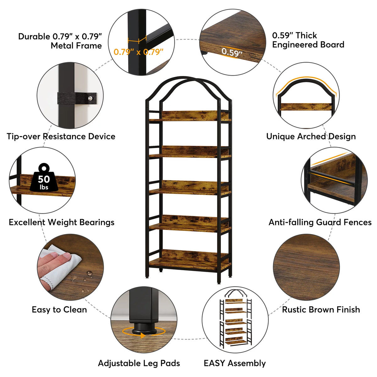 73 Inches 5-tier Arched Bookshelf with 4 Hooks V720